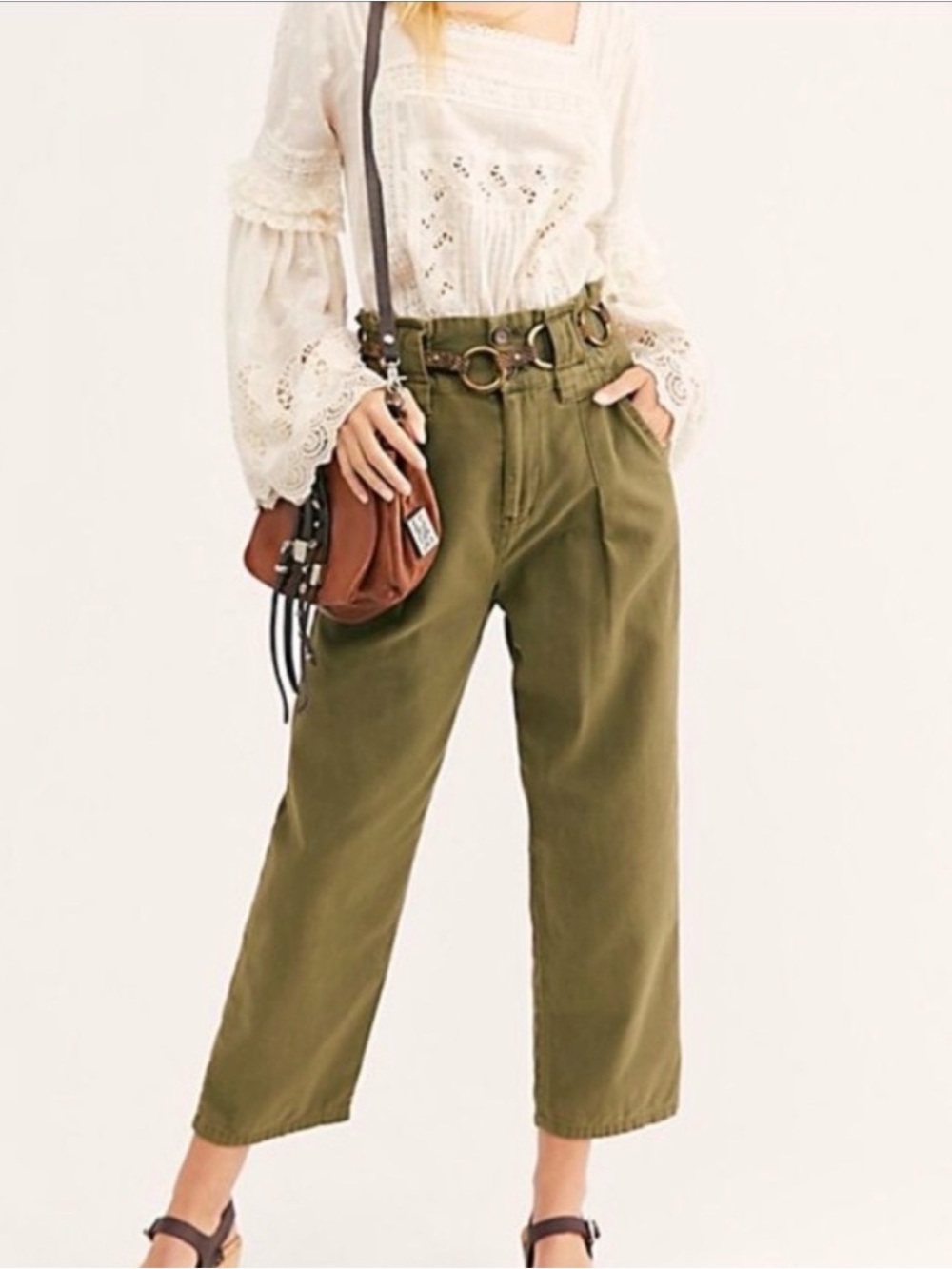 NWT Free People Olive High-Waist Paperbag Trousers size 6